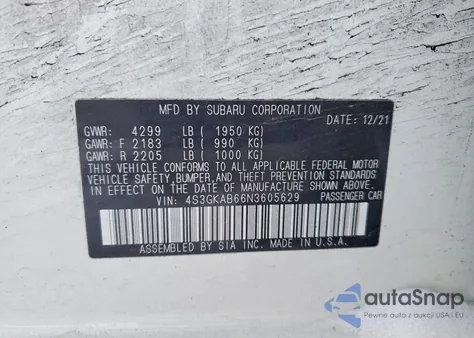 2022 Subaru Impreza z USA, uszkodzony, nr VIN 4S3GKAB66N3605629